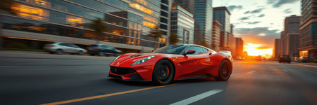 Fast sports car speeds down city street at sunset in a modern urban environment showcasing vibrant city lifeの素材