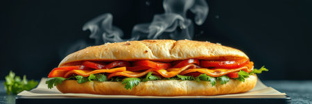 Freshly made sandwich with herbs, vegetables, and cheese steaming on a dark backgroundの素材
