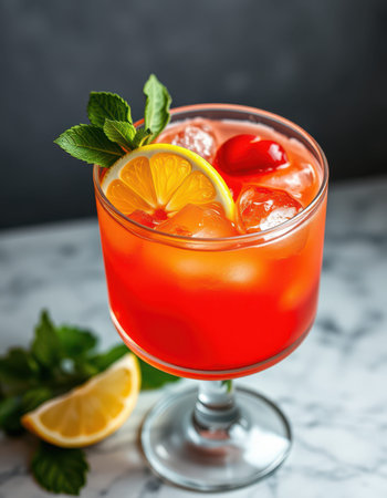 A refreshing summer cocktail garnished with a lemon wedge, cherry, and mintの素材