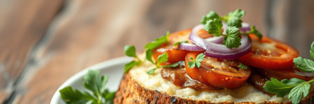 A close-up of a toasted bread topped with fresh tomatoes, red onions, and parsleyの素材
