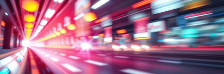 Vibrant city night scene with blurred motion of traffic and colorful lights highlighting urban energyの素材