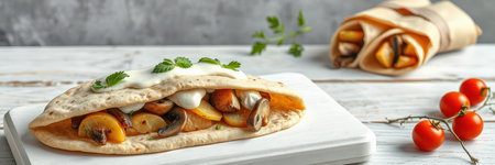 Delicious flatbread filled with sautÃ©ed mushrooms, vegetables, and yogurt served with fresh cherry tomatoesの素材