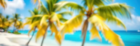 Vibrant tropical beach with swaying palm trees on a sunny day by clear blue watersの素材