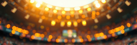 Bright stadium lights illuminate an excited crowd during a major sporting event in the late afternoon sunの素材