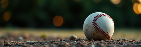 Baseball resting on infield dirt during twilight at a local ballpark amid soft bokeh lightingの素材