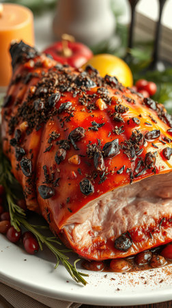 A close-up of a glazed ham with cranberries, rosemary, and spices on a white plateの素材