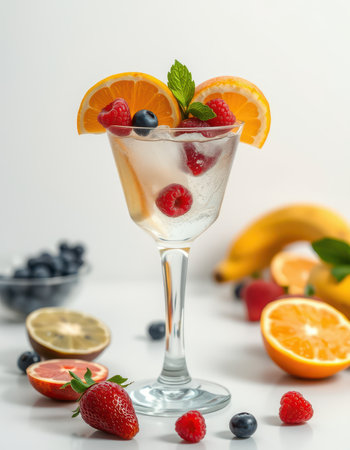 A glass of water with orange slices, raspberries, blueberries, and mint leaves on a white tableの素材