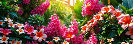 Pink and orange flowers bloom in a tropical garden on a sunny dayの素材