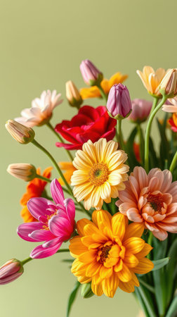 A bouquet of colorful flowers sits against a green backgroundの素材