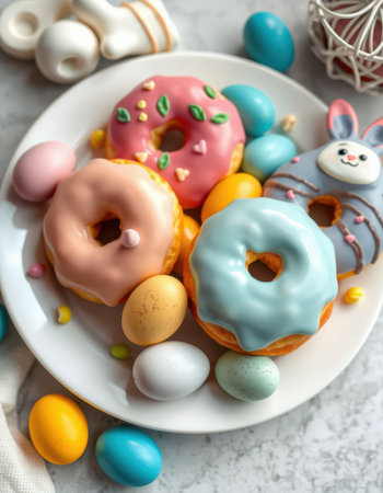 Colorful decorated donuts and Easter eggs arranged on a plate for a festive spring celebrationの素材