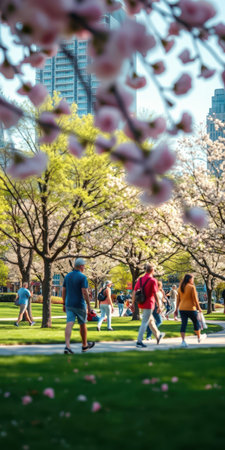 People stroll through a park enjoying cherry blossoms and spring weather in a vibrant urban settingの素材