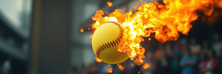 Softball bursting into flames during an exciting game in a packed stadium on a summer afternoonの素材