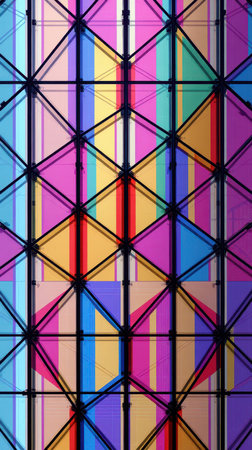 Colorful geometric patterns create a vibrant visual display on a modern architectural facade at daytimeの素材