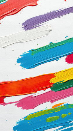 Vibrant strokes of color create a dynamic abstract artwork on a white canvas in a creative studio settingの素材