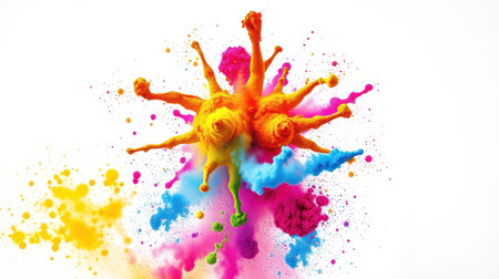 Bright explosion of colorful powder creating vibrant patterns against a white backgroundの素材