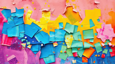 Colorful paper collage with vibrant colors and layered textures on a wallの素材