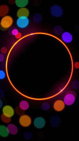 Colorful abstract design with glowing orbs and a circular frame in dark backgroundの素材