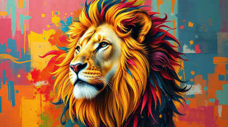Colorful lion illustration with vibrant mane on abstract background showcasing creativity and artistryの素材