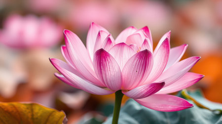 Beautiful pink lotus flower blooming in serene pond surrounded by soft petals in sunlightの素材