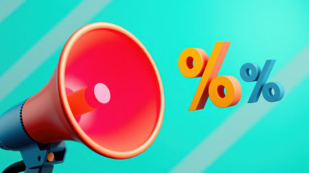 Promotion announcement with loudspeaker and percentage symbols illustrating discounts and sales eventsの素材