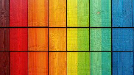 Colorful wooden panels arranged in a grid display vibrant hues of red, orange, yellow, green, and blueの素材