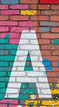 Colorful graffiti artwork showcases a large letter A on a brick wall in an urban settingの素材