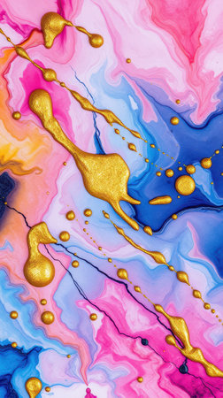 Vibrant abstract art with swirls of pink, blue, and gold in a stunning display of color and textureの素材