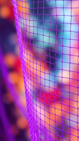 Colorful abstract patterns revealed through a vibrant purple net at a lively celebration in a festive atmosphereの素材