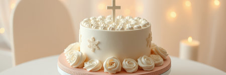 Elegant white cake decorated with roses and a cross for a special religious celebration indoorsの素材