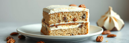 Delicious layered cake with cream frosting and nuts served on a white plateの素材