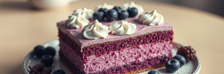Delicious layered cake topped with cream and fresh blueberries on a rustic wooden tableの素材