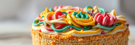 Colorful decorated cake with intricate icing designs on a light backgroundの素材