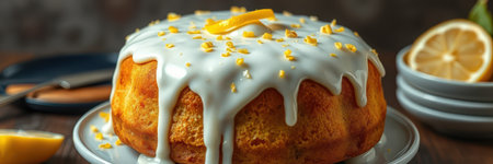 Lemon drizzle cake with icing and zest garnished on a wooden table with fresh lemon slices aroundの素材