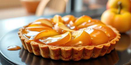 Freshly baked peach tart with shiny glaze sitting on a dark plate inside a cozy kitchenの素材