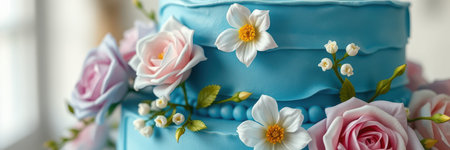 Colorful cake with intricate floral decorations set in a bright, airy environmentの素材