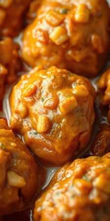 Sweet and savory dessert made from round dumplings in a rich caramel sauce with chopped nutsの素材
