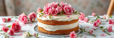 Beautifully decorated cake with fresh roses and floral accents on a white table settingの素材