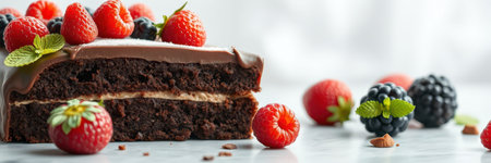 Chocolate cake decorated with fresh raspberries and blackberries on a light countertopの素材