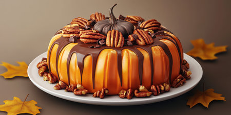 Delicious pumpkin cake decorated with pecans and a small pumpkin for a festive autumn celebrationの素材