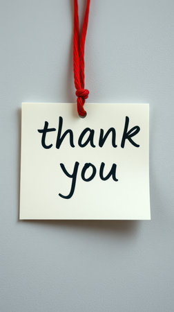 Thank you card hanging on a string with a simple design against a plain backgroundの素材