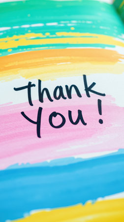 Thank you note featuring colorful brush strokes created in bright hues and handwritten letteringの素材