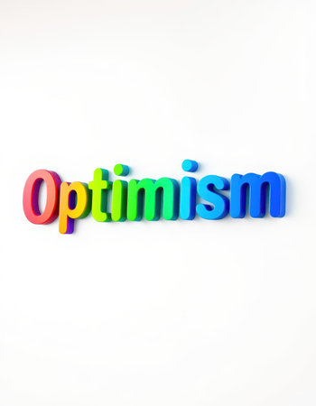 Colorful letters spelling optimism on a white background highlighting positive energy and encouragementの素材