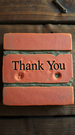 Red brick with engraved message of appreciation displayed on a wooden surface in a warm-lit settingの素材