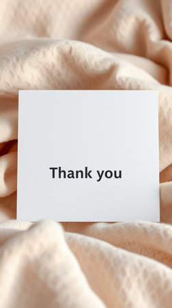 Thank you card displayed on soft, textured fabric in a cozy indoor setting during daylight hoursの素材