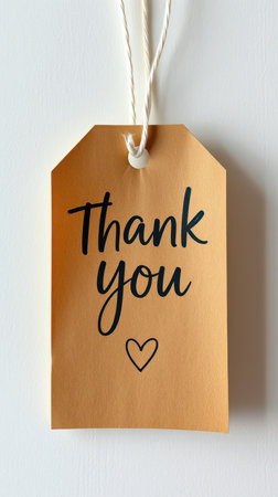 Elegant thank you tag with heart design hanging on a white background in a minimalistic styleの素材