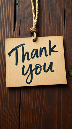 Thank you note hanging on rustic wooden background adds a personal touch for appreciation and gratitudeの素材