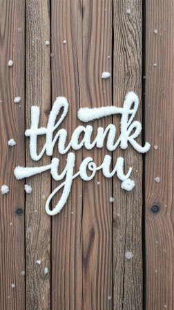 Snow-covered wooden background with a handwritten message of gratitude in whiteの素材