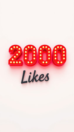 Bright red sign displaying 2000 likes with illuminated letters on a plain backgroundの素材