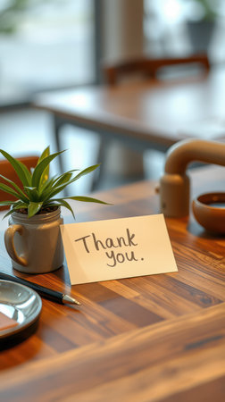 Thank you note on a wooden table with a small plant in a cafe setting during daylight hoursの素材