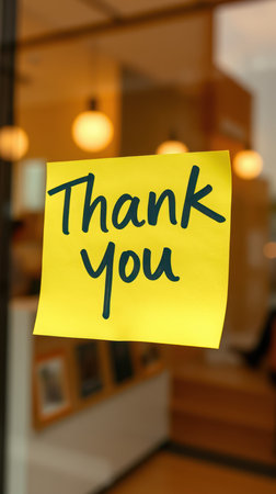 Thank you note displayed in a cozy cafe setting during the afternoonの素材